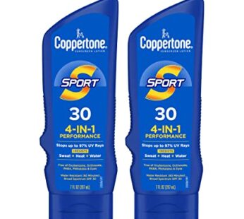 Coppertone SPORT Sunscreen SPF 30, Water Resistant Sunscreen Lotion, Broad Spectrum SPF 30 Sunscreen, Bulk Sunscreen Pack, 7 Fl Oz Bottle, Pack of 2